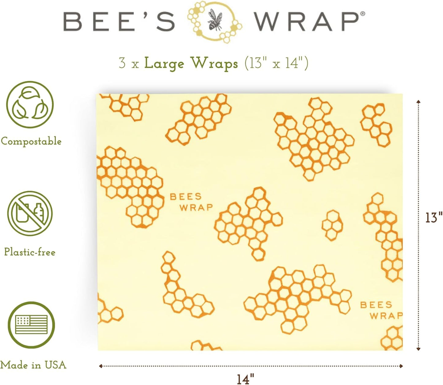 Bee's Wrap Beeswax Wraps for Food - Honeycomb Large 3 Pack Made in USA Reusable & Organic Food Wraps, Sandwich Wrap & Bowl Covers - Eco-Friendly Alternative to Aluminum Foil & Plastic Wrap