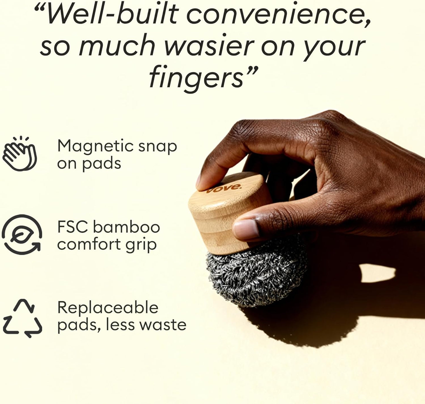 Vove Magnetic Scourer, Stainless Steel Scrubber with FSC-Certified Bamboo Handle, 3 Replacement Pads, Neodymium Magnet, for Cast Iron, Pots & Pans, Griddles, Grills, Plastic-Free Eco-Friendly Cleaner