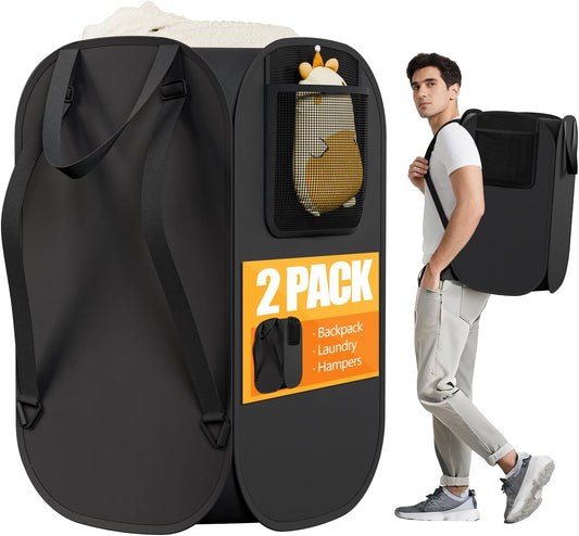 2 Pack Collapsible Backpack Laundry Bag Made by Strong Polyester Oxford Cloth, 76L Heavy Duty Large Hamper with Adjustable Shoulder Strap, Foldable Basket with Mesh Pocket for Dorm, Travel, Apartment