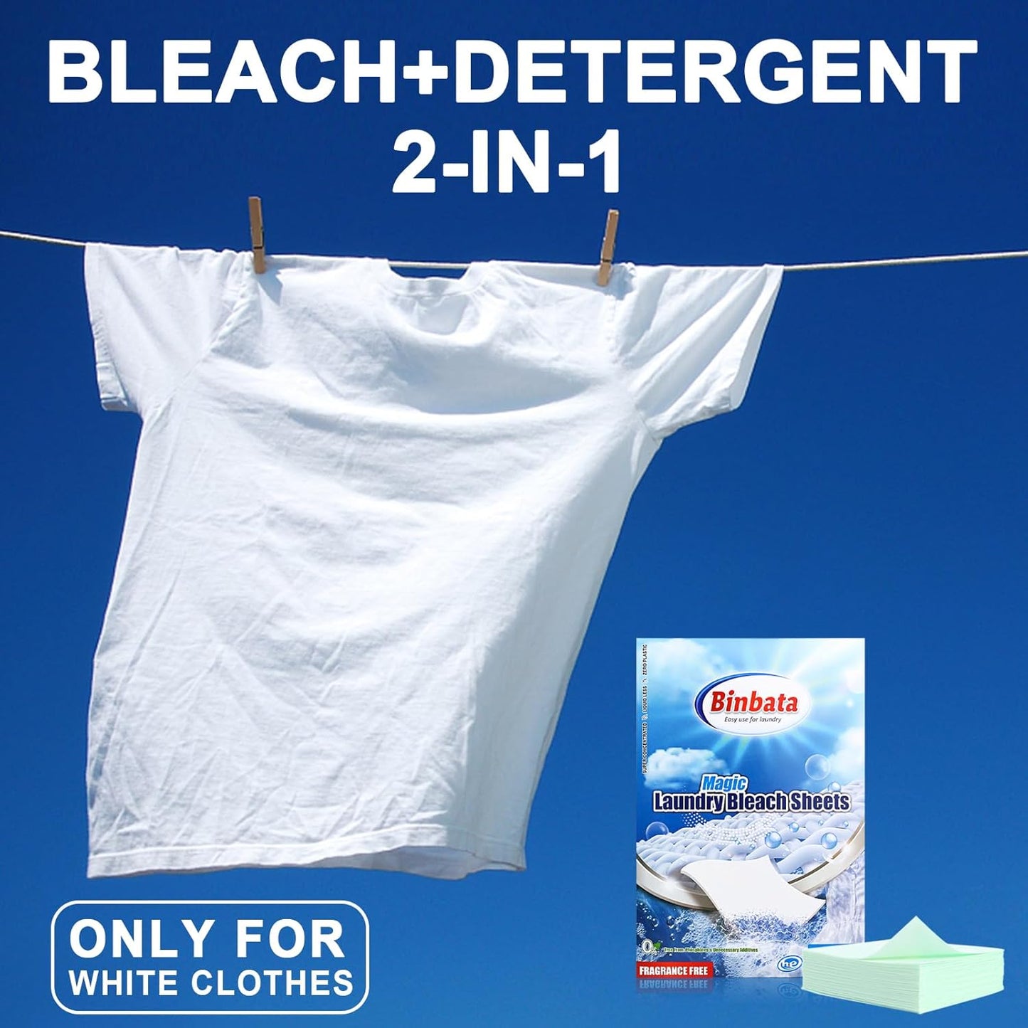 2-in-1 Whitening Laundry Detergent Sheets 40 Loads, Unscented Hypoallergenic Eco Laundry Bleach Sheets Apply for white clothes, Effectively Remove Yellowing & Greying, Safe for Sensitive Skin