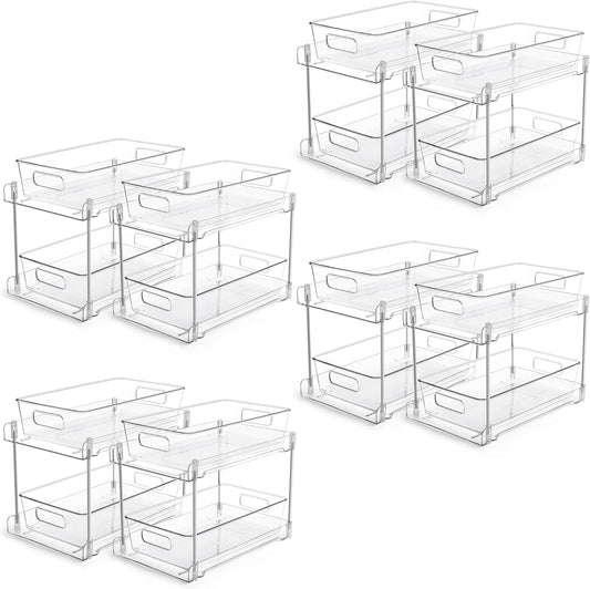 Vtopmart 8 Pack Bathroom Organizer, 2 Tier Clear Under Sink Organizers Vanity Countertop Storage Container,Cabinet Drawers Bins, Pull-Out Organization with Track for Pantry, Kitchen