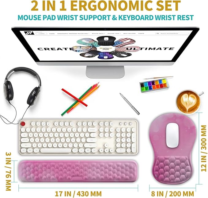 Hokafenle 2 in 1 Ergonomic Mouse Pad Wrist Support & Wrist Rest for Computer Keyboard Set, with Relieve Carpal Tunnel Pain Massage Bulge and Full Memory Gel Design (2In1 Set, Sweet Pink)