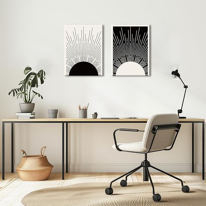 Hwetui Framed Boho Sun Wall Art Set of 2 Black and White Minimalist Sunrise Canvas Prints Abstract Sunshine Painting Geometric Line Pictures Home Decor for Living Room Bedroom Bathroom 16x24in