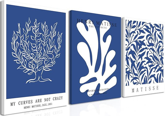 Framed Henri Matisse Canvas Wall Art Set of 3 - Abstract Blue and White Botanical Line Wall Decor Paintings, Modern Minimalist Poster Prints Aesthetic Home Decor for Living Room Bedroom Office 16x24 inch