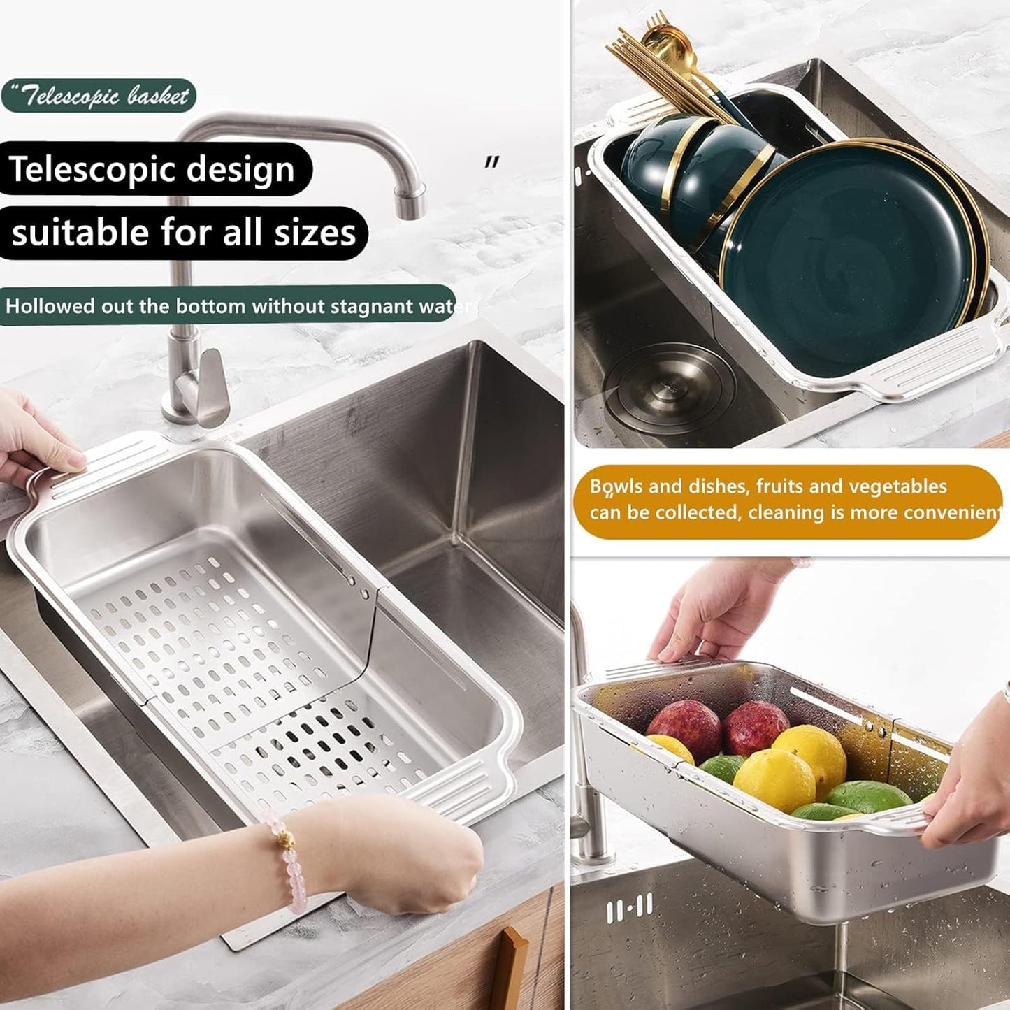 ZDRongZhen Kitchen Supply-Over the Sink Colander Strainer Basket Stainless Steel Retractable Kitchen Sink Basket -Wash Vegetables and Fruits, Drain Pasta and Dry Dishes,Extendable (Medium Silver)