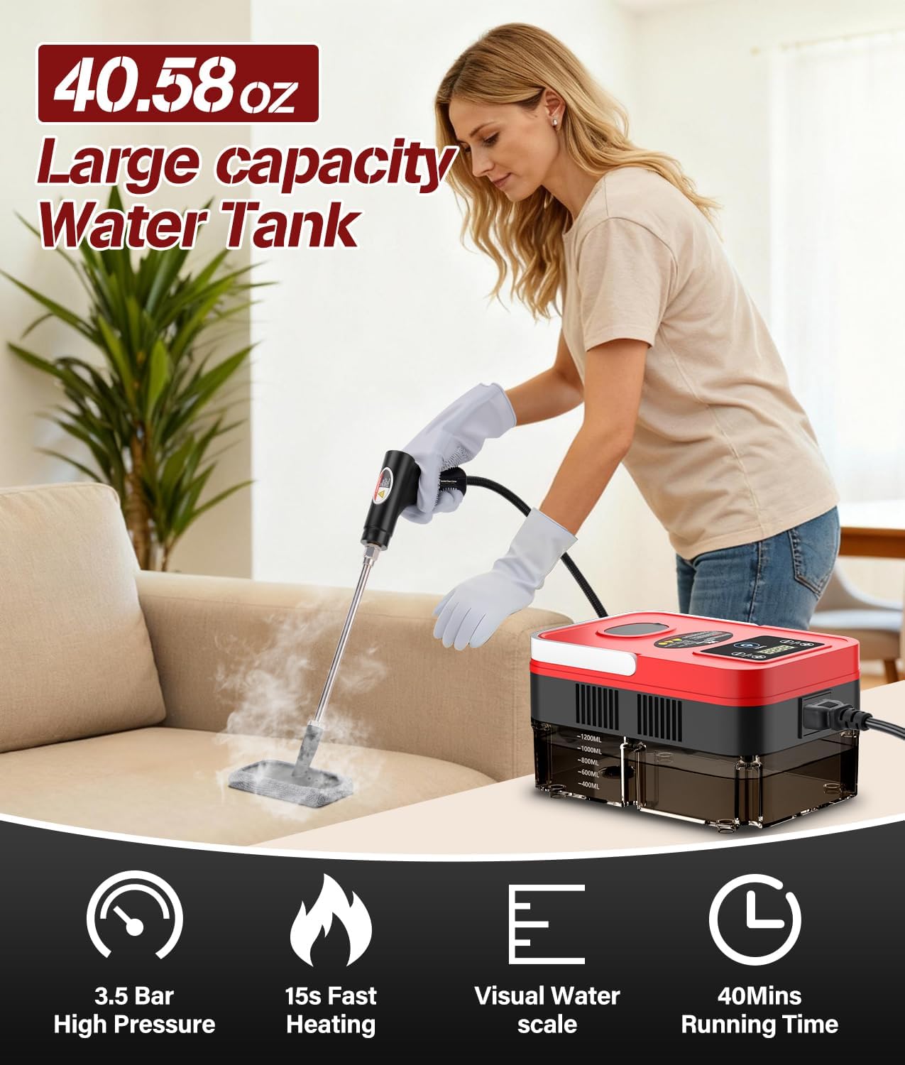 HK Steam Cleaner,10s Heat-Up,1.2L Tank, 6-Level Adjustable Handle,1500W Steamer for Cleaning, Portable Steamer for Cleaning with 20PCS Accessories, Steam Cleaner for Home,Car,Dirt,Grease,Grout,Tile