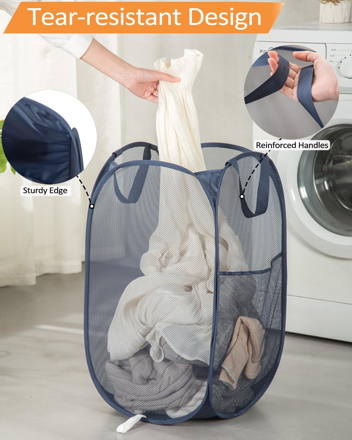2 Pcs Durable Collapsible Laundry Baskets - Reinforced Mesh Pop Up Laundry Hamper with Pocket, Foldable Dirty Clothes Hamper with Carry Handles for Laundry, Bathroom, Kids Room, Dorm or Travel Navy