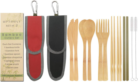 UPTRUST 2 Set Bamboo Cutlery Set Bamboo Travel Utensil Reusable Organic Bamboo Utensil Fork Knife Spoon Chopsticks Straw Cleaning Brush for Travel Picnic School Office（Black & Red）