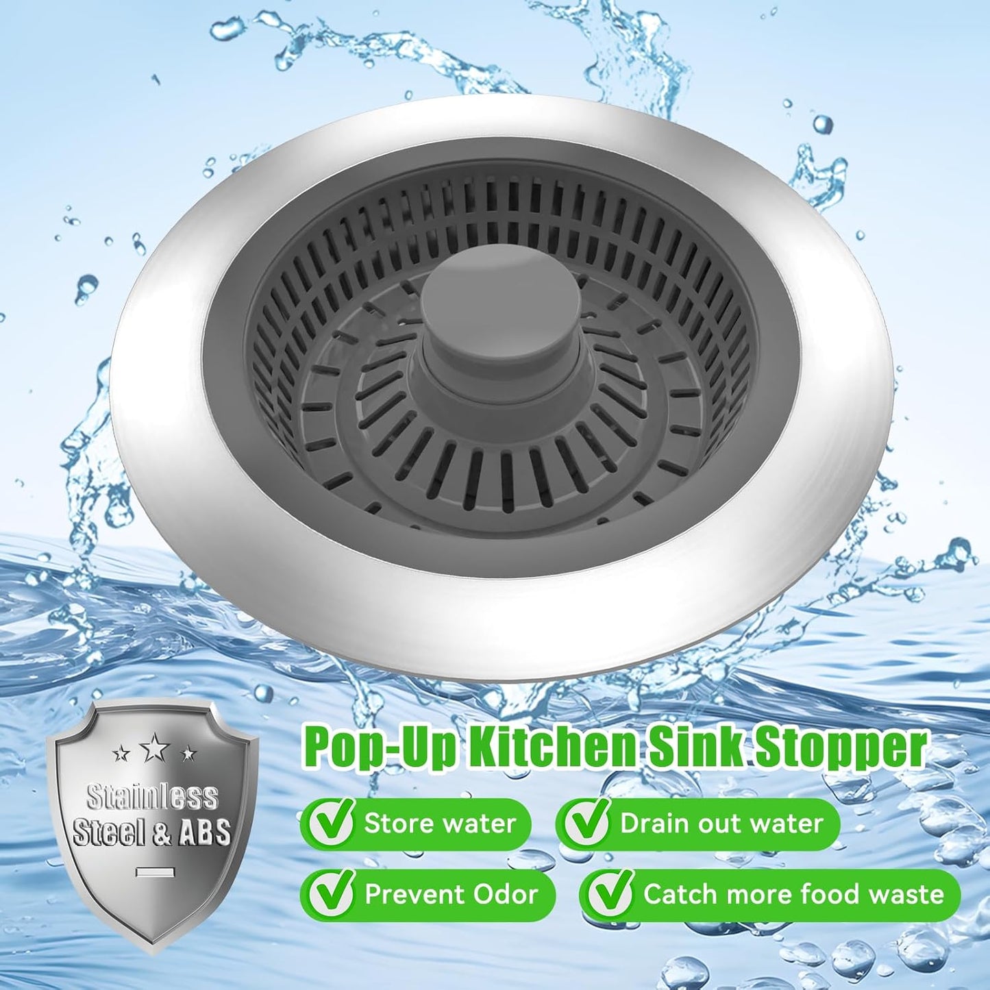 Kitchen Sink Drain Strainer with Pop-up Sink Stopper, 3 in 1 Sink Drain Strainer Basket with Cleaning Brush for US Standard 3-1/2 Inch Drain