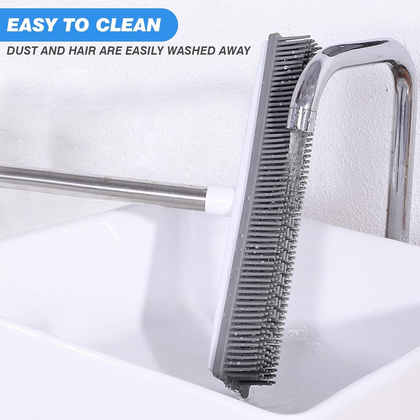 Rubber Broom Carpet Rake for Pet Hair, 2 in 1 Pet Hair Removal Broom with Built in Squeegee, Fur Remover Broom with 51" Adjustable Long Handle for Carpet, Hardwood Floor, Tile