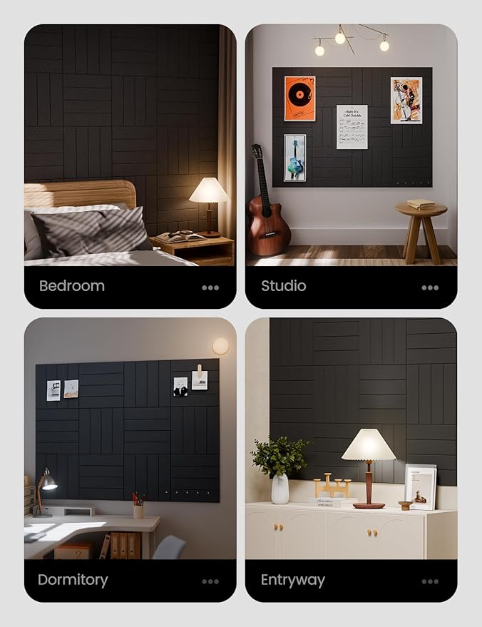 Felt Bulletin Board Tiles Large 48" x 36" Cork Board Alternative-12 Pack with 70 Adhesive Tabs, Thick Slat Wall Panels for Office Decor, Push Pin Board Wall Organizer Alternative -Black