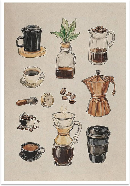 Vintage Espresso Coffee Chart Canvas Print Poster Kitchen Supplies Wall Art Minimalist Watercolor Painting Home Decor Aesthetic Pictures for Dining Room Cafe Shop Restaurant 16x24inch Unframed