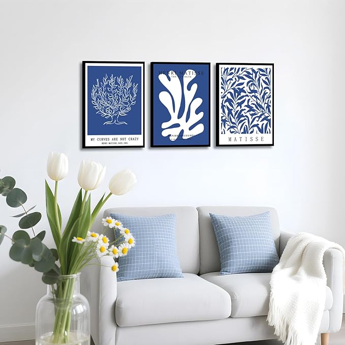 Henri Matisse Canvas Wall Art Poster Set of 3, Abstract Blue and White Line Wall Decor Paintings, Modern Minimalist Prints Aesthetic Home Decor for Living Room Bedroom Office 16x24 inch Unframed