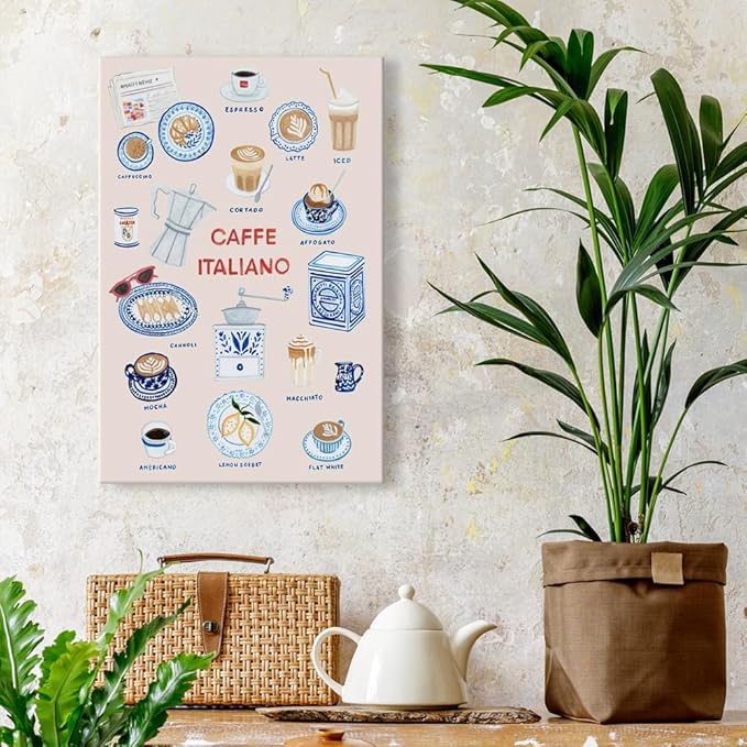 Trendy Espresso Coffee Italiano Wall Art Quirky Food Posters Italian Coffee Chart Canvas Print Painting Minimalism Home Decor Aesthetics Pictures for Kitchen Cafe Station Bar Club 12x16inch Framed