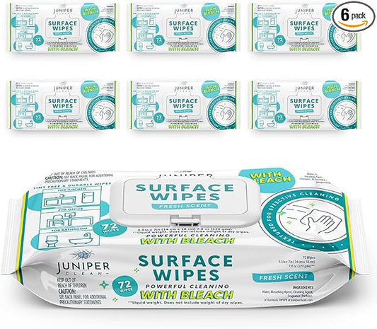 6 Pack Surface Cleaning Wipes with Bleach, All-Purpose Cleaner for Bathroom, Kitchen, Office, 72 Count Soft Flow, Fresh Scent, Lint Free & Durable