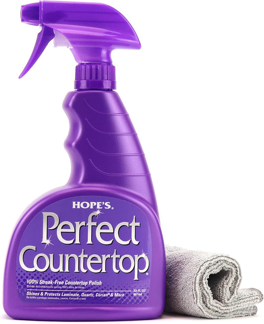 HOPE'S Perfect Countertop Cleaner and Polish - Streak-Free Multi Surface Cleaning Spray - Kitchen Spray for Granite, Quartz, Marble, Stone, Laminate, CORIAN, 22 Fl Oz, Pack of 1 with Microfiber Cloth