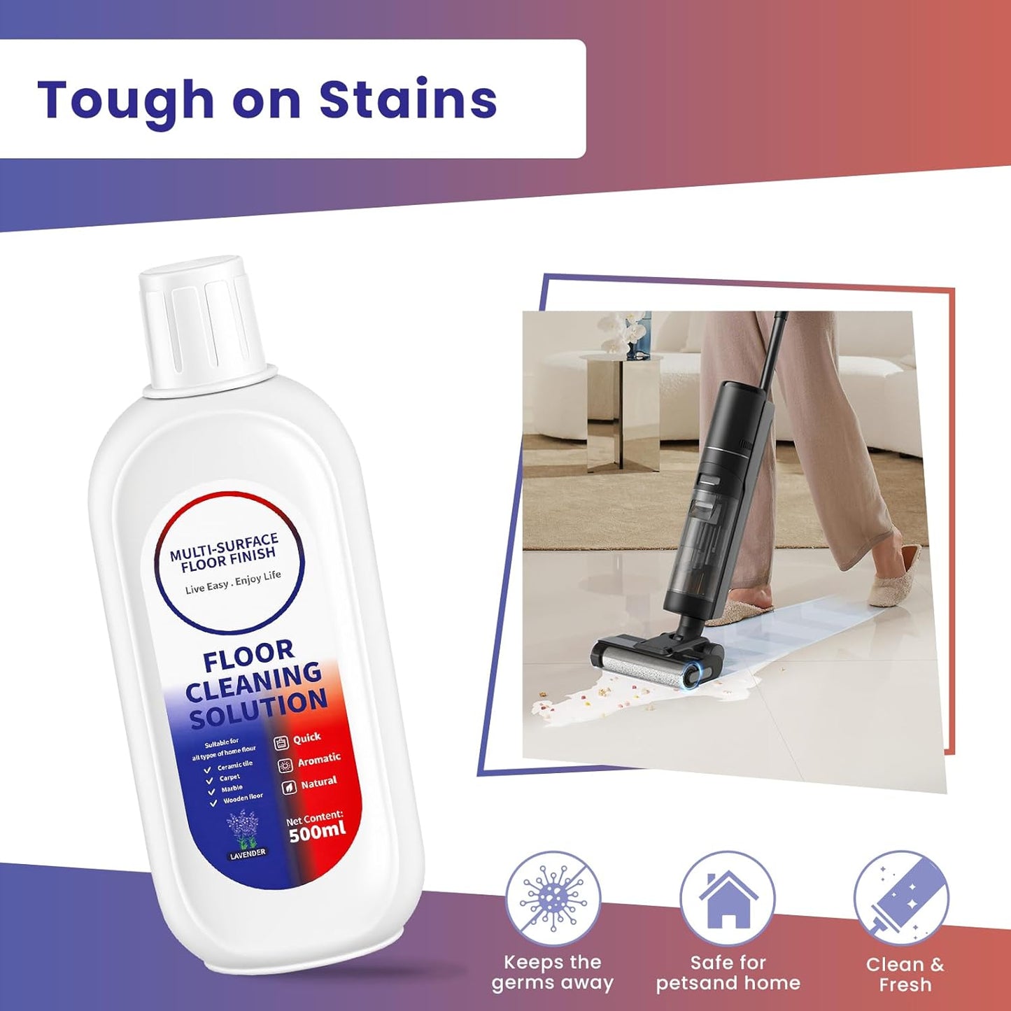 Floor Cleaning Solution Compatible with Tineco/Roborock, Deep Cleans of Multiple Hard Floors for All Mopping Robot Vacuums and Cordless Wet/Dry Vacuum Mop Cleaner, Lavender Scent, 1000ml, 2 Bottles