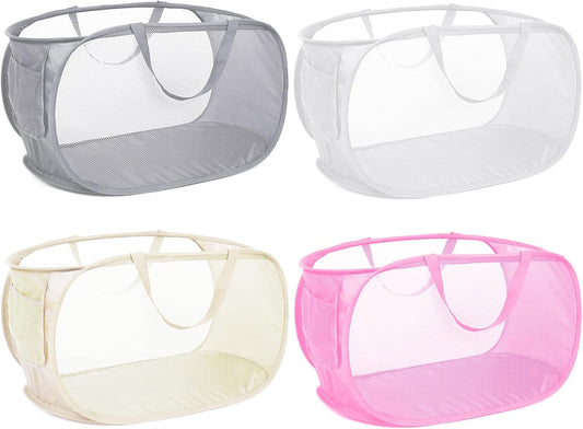 4 Pack Collapsible Laundry Baskets, Foldable Laundry Basket with Pocket, Durable Mesh Pop Up Hampers, Reinforced Handles Dirty Clothes Hamper for Laundry, Bedroom, Bathroom, Dorm, Travel or Camping