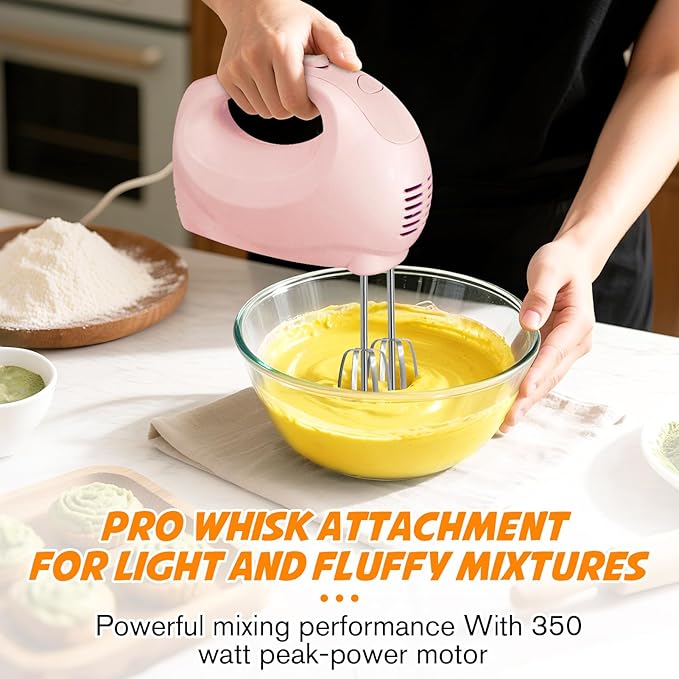 Handmixer Electric Handheld - 7 Speed Portable Kitchen Mixer Electric with 5 Stainless Steel Accessories Whisk, Food Beater for Whipping Mixing Cookies Cakes Eggs, Pink