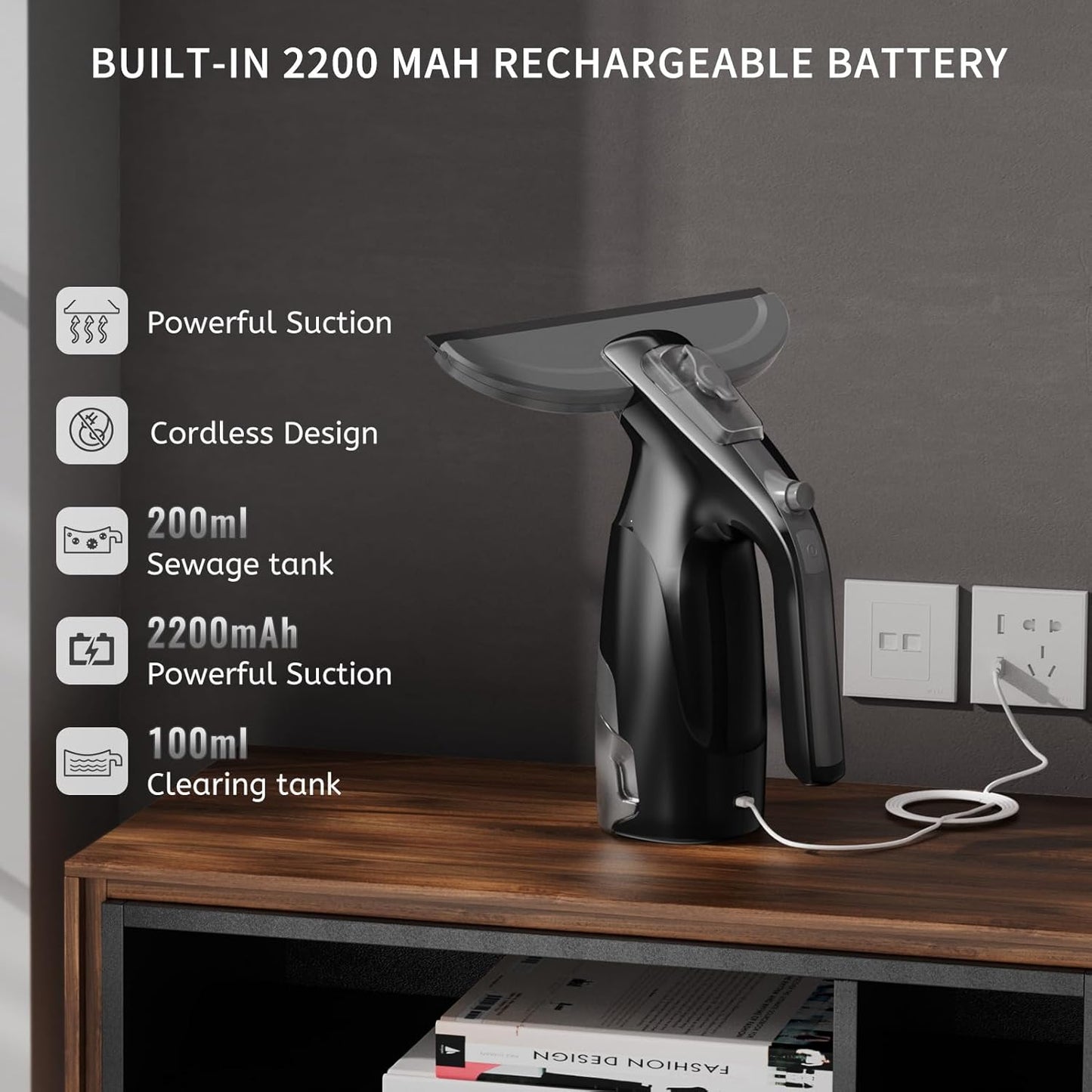 Window Vacuum Squeegee Cordless, Window Vac with Detachable Water Tank and Strong Suction, Electric Window Cleaning Tool for Shower Wall, Glass, Mirror, Countertop, Tiles, Car Windshield