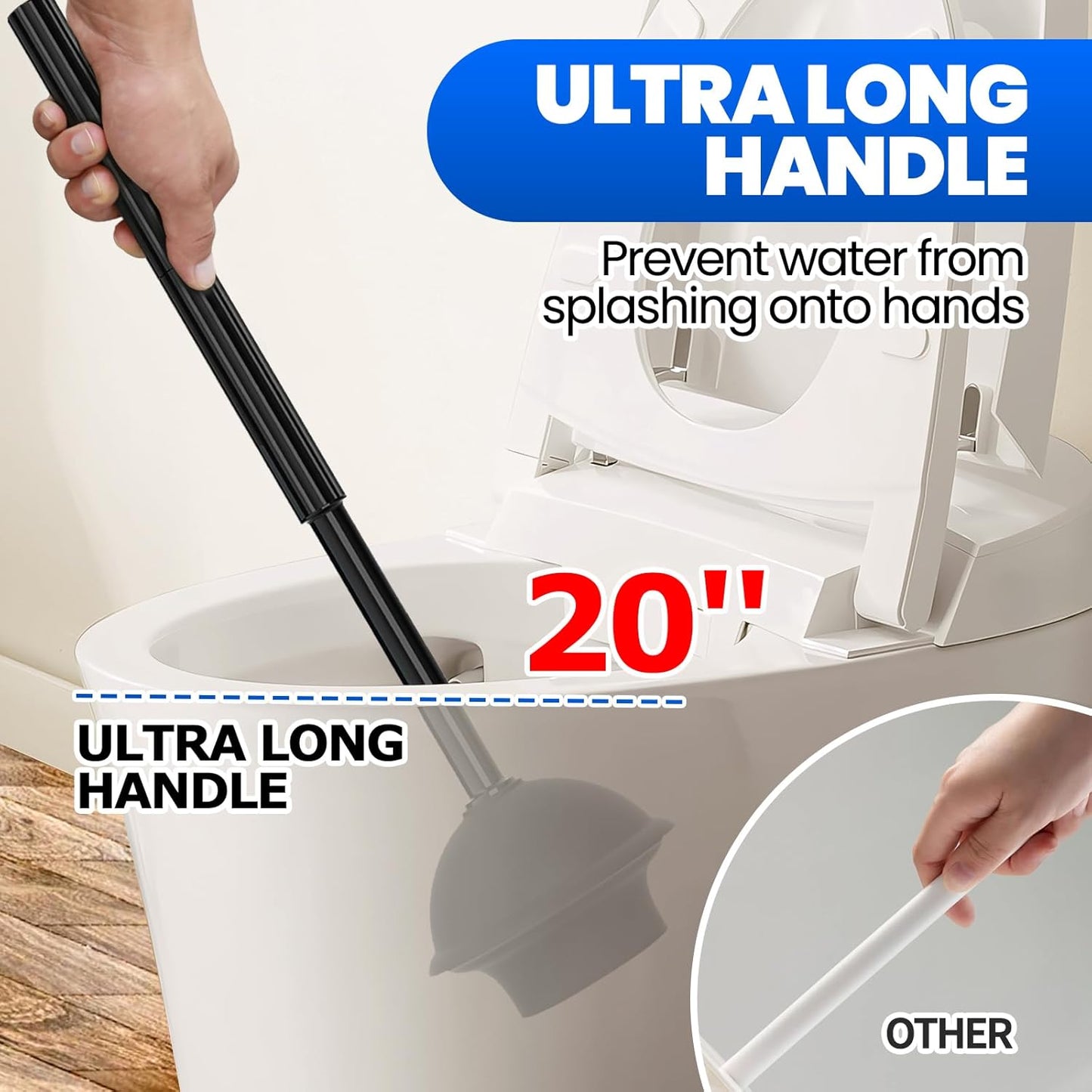 4-Piece Toilet Brush and Plunger Set, Extended Handle Plunger,Toilet Bowl Brush Plunger Set,Bathroom Cleaning Tools,Cleaning Brush,Cleaning Supplies,Toilet Brush Plunger Combo,Black（20inch）