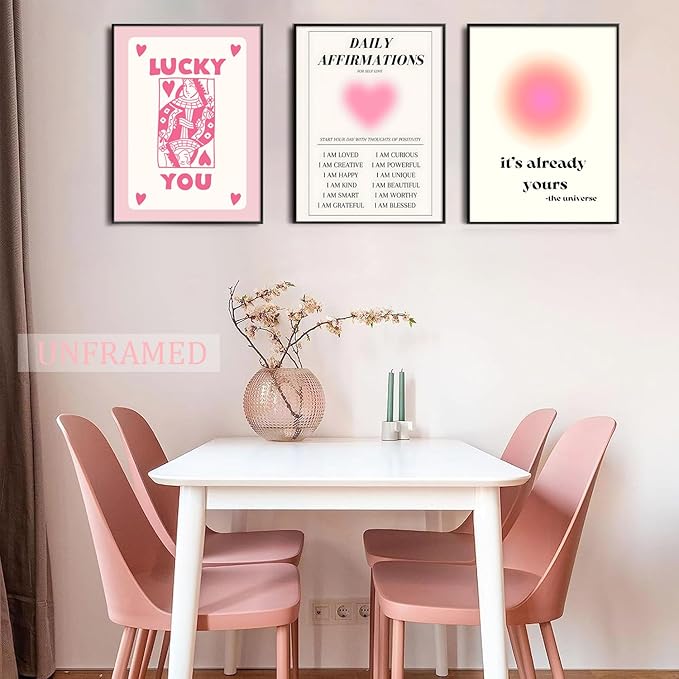 Hwetui Preppy Pink Aura posters Daily Affirmations Wall Art Trendy Y2K Canvas Prints Cute Lucky You Painting Retro Aesthetic Room Decor Picture for College Dorm Bedroom 12x16Inch Set of 4 Unframed