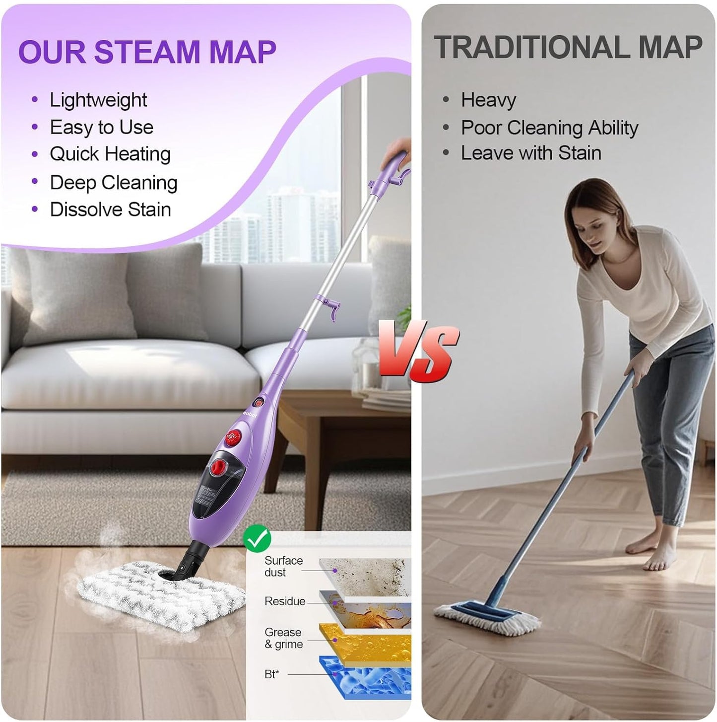 Steam Mop Cleaner with Detachable Handheld Steamer, 13.5 oz Tank, 20FT Cord, Fast Heat-Up, 10-in-1 Multi-Surface Cleaning for Floors, Carpets, Tiles & Grout