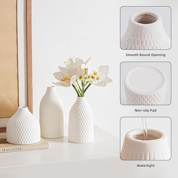 3 Piece Vase Set -White Ceramic Vase for Flowers for Office, Kitchen, Bedroom, Living Room, Bathroom & Shelf Centerpiece Table, Bookshelf - Home Decorative Vase Ideal Gift