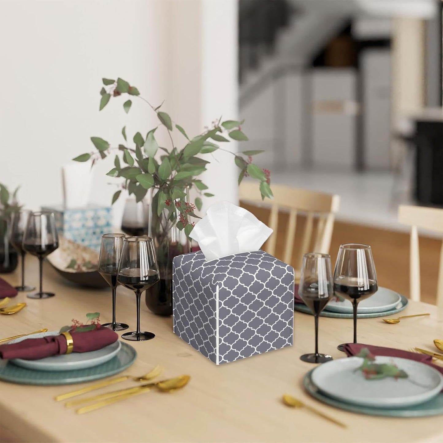 Tissue Box Cover Square, Grey Moroccan Tile Leather Tissue Box Cover Decorative Facial Paper Organizer Dispenser for Bathroom Kitchen Bedroom Vanity Countertop Night Stands