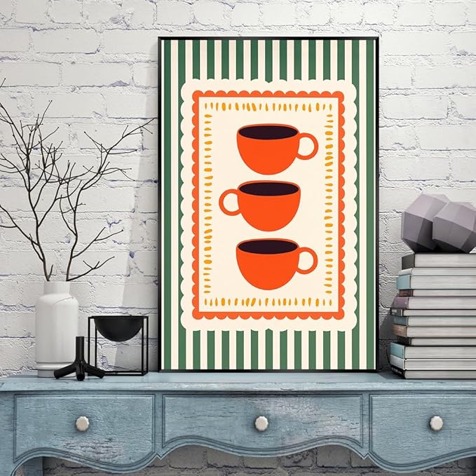 Vintage Orange Italian Espresso Coffee Cups Canvas Prints Posters Modern Green Striped Preppy Kitchen Wall Art Colorful Minimalist Aesthetic Pictures Decor for Cafe Bar 12x16inch Metal Black Frame