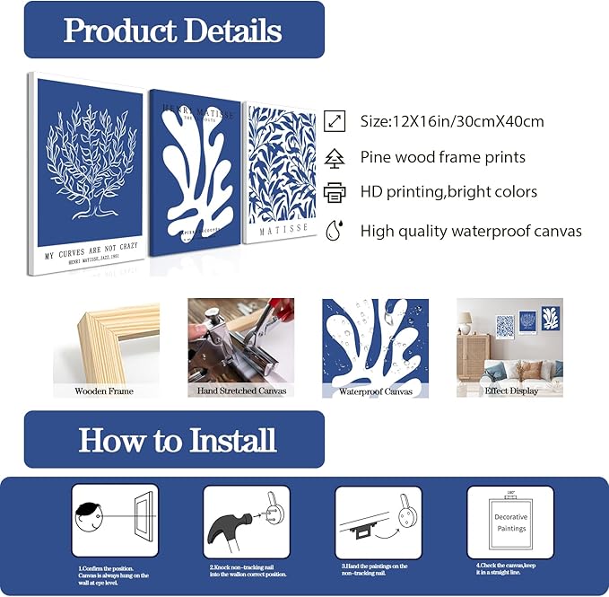 Framed Henri Matisse Canvas Wall Art Set of 3 - Abstract Blue and White Botanical Line Wall Decor Paintings, Modern Minimalist Poster Prints Aesthetic Home Decor for Living Room Bedroom Office 12x16 inch