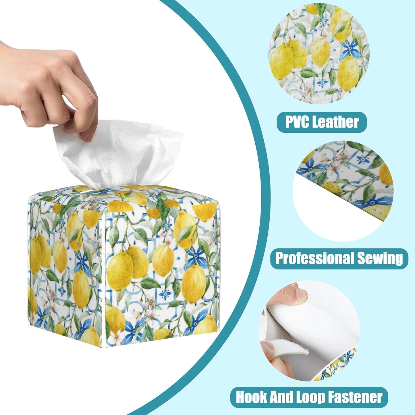 Watercolor Lemons Leather Tissue Holder,Blue Tiles Square Tissue Box Cover with Bottom Belt,Modern Decorative Facial Tissue Paper Cover for Bedroom Nightstand Vanity Desk Office,5.2" x 5.2" x 5.2"