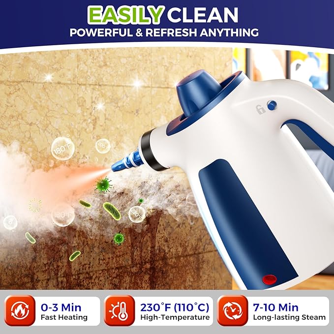 Steam Cleaner, Pressurized Handheld Multi-Surface Natural Steam Cleaner with 12 PCS Accessories & Safety Lock, 350ML Large Capacity, Steamer for Car, Home, Upholstery, Kitchen, Window, Grime, Grease
