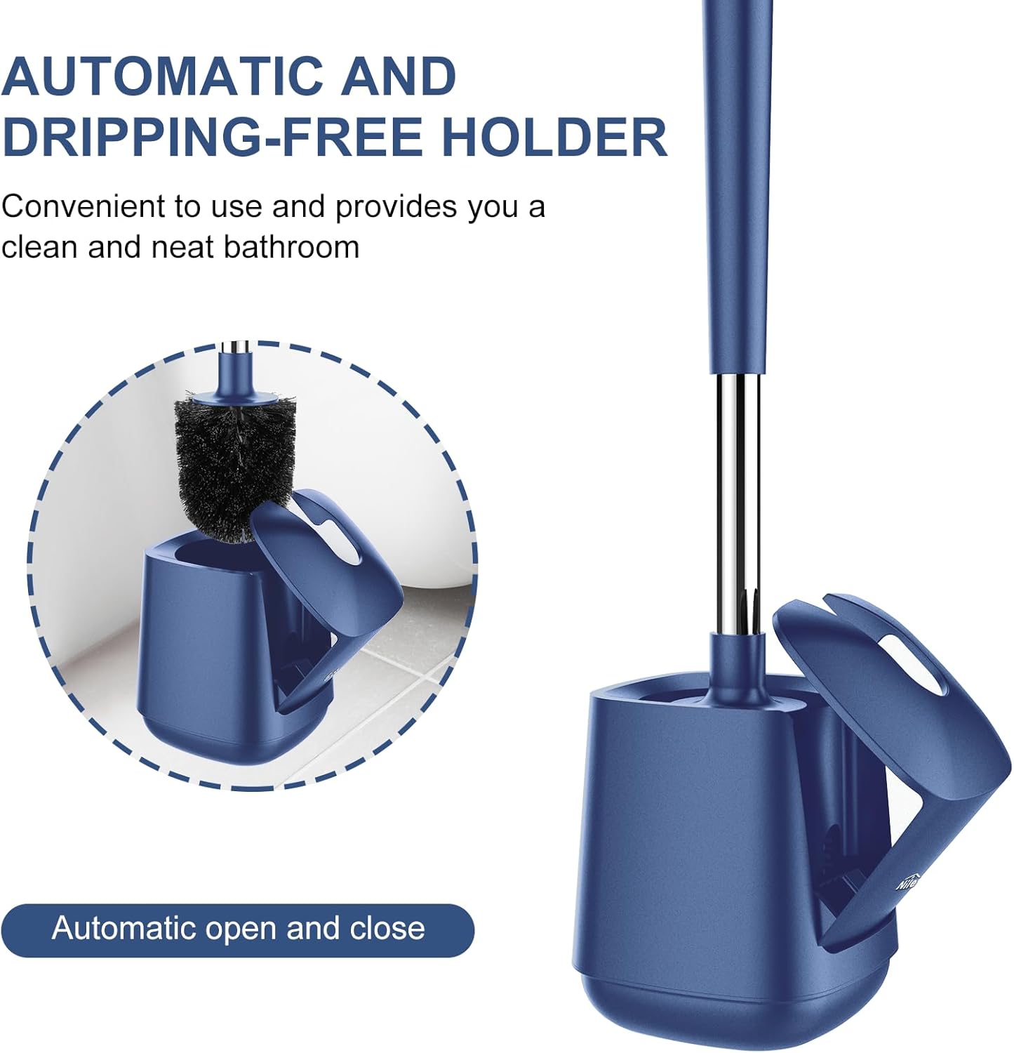 SetSail Toilet Brush and Holder 3 Pack, Self Closing Lid Toilet Bowl Brushes Holder Extra Long Handle Ventilated Toilet Brush Set for Bathroom Cleaning, Nylon Bristles, Dark & Blue