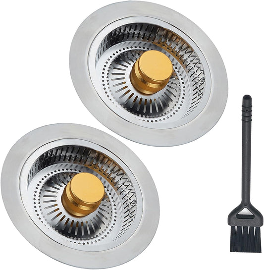 Kitchen Sink Drain Strainer, Pop-up Sink Stoppers, 3 in 1 Sink Drain Strainer, Upgraded Larger Sink Strainer Filter Basket, Cleaning Brush for US Sink Standard 3-1/2 Inch Drain Strainers