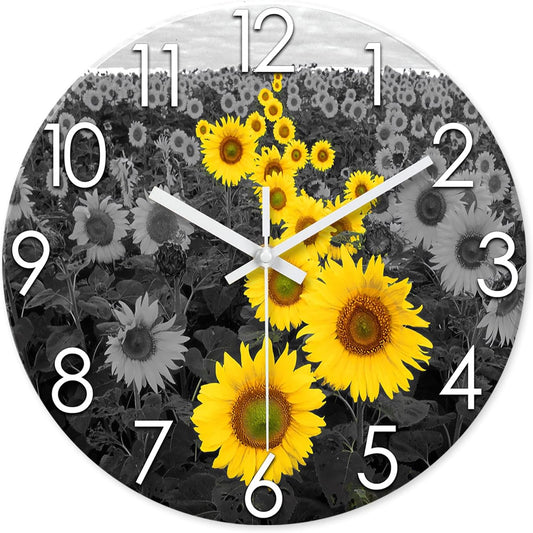 XFM Wall Clock Battery Operated 14 Inch Silent Non-Ticking Sunflower Wall Clock Yellow Decorative Glass Clocks for Kitchen Bedroom Living Room Decor