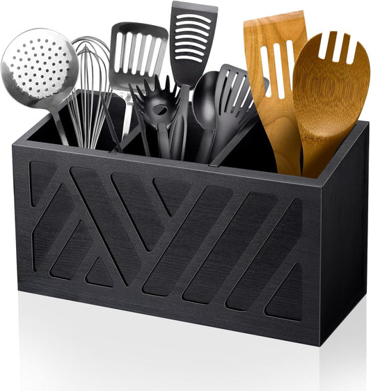Utensil Holder Caddy with 3 Compartments, Wooden Flatware Cutlery Storage Organizer Box Countertop for Silverware Fork Spoon Spatula