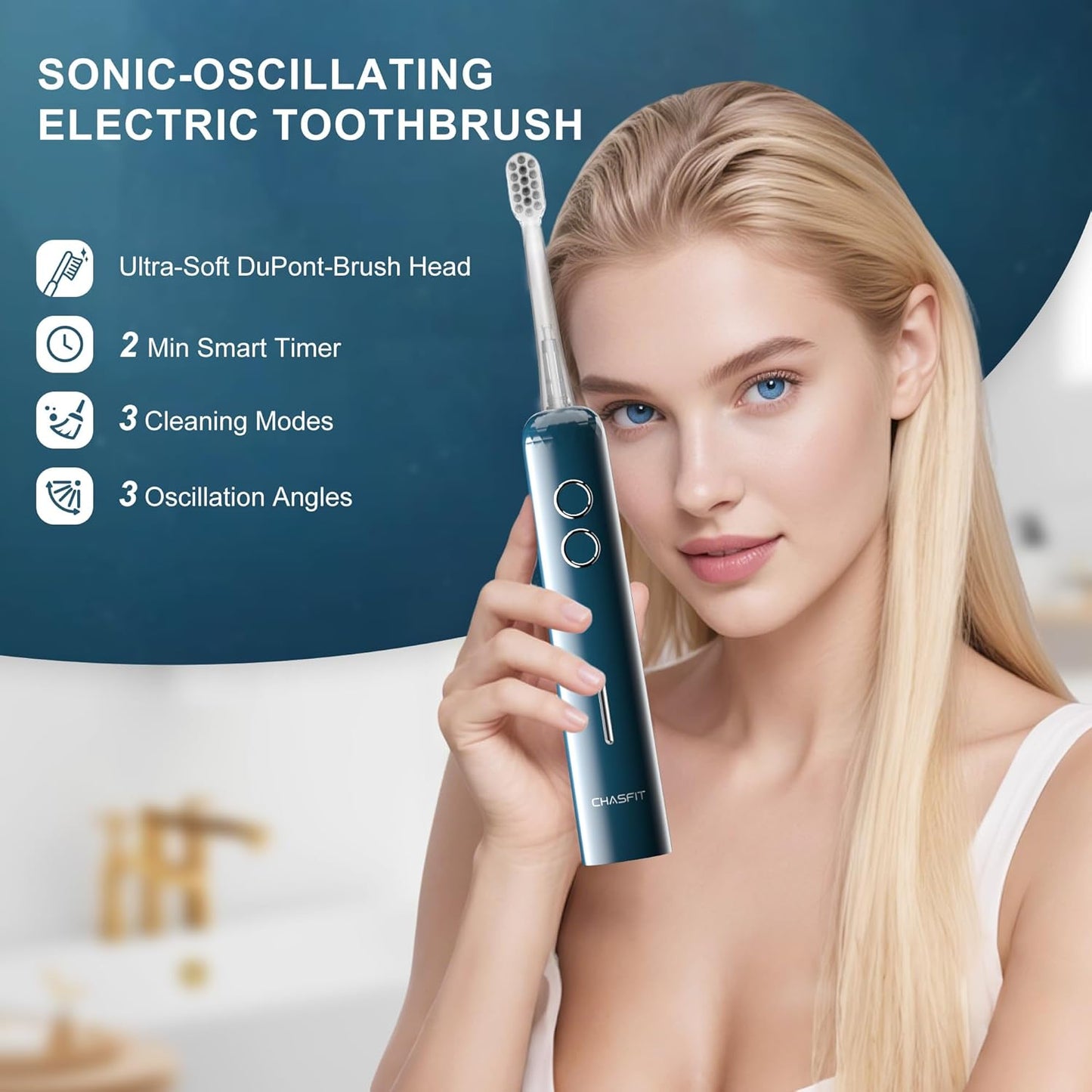 Electric Toothbrush Wave Oscillation & Vibration Sonic Tooth Brush for Adults BASS-Brushing Technique Travel Rechargeable Toothbrushes 4 Soft Bristle Replace Heads IPX7 Gifts for Men Women Bluey