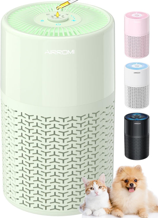AIRROMI Pets Air Purifier for Home Allergies,Up to 660 ft².Yellow Deodorizing Activated Carbon Filter,With Fragrance Sponge for Better Sleep,Night Light,Pet Dander,Smoke,Odors,Air Cleaner A2002 Green