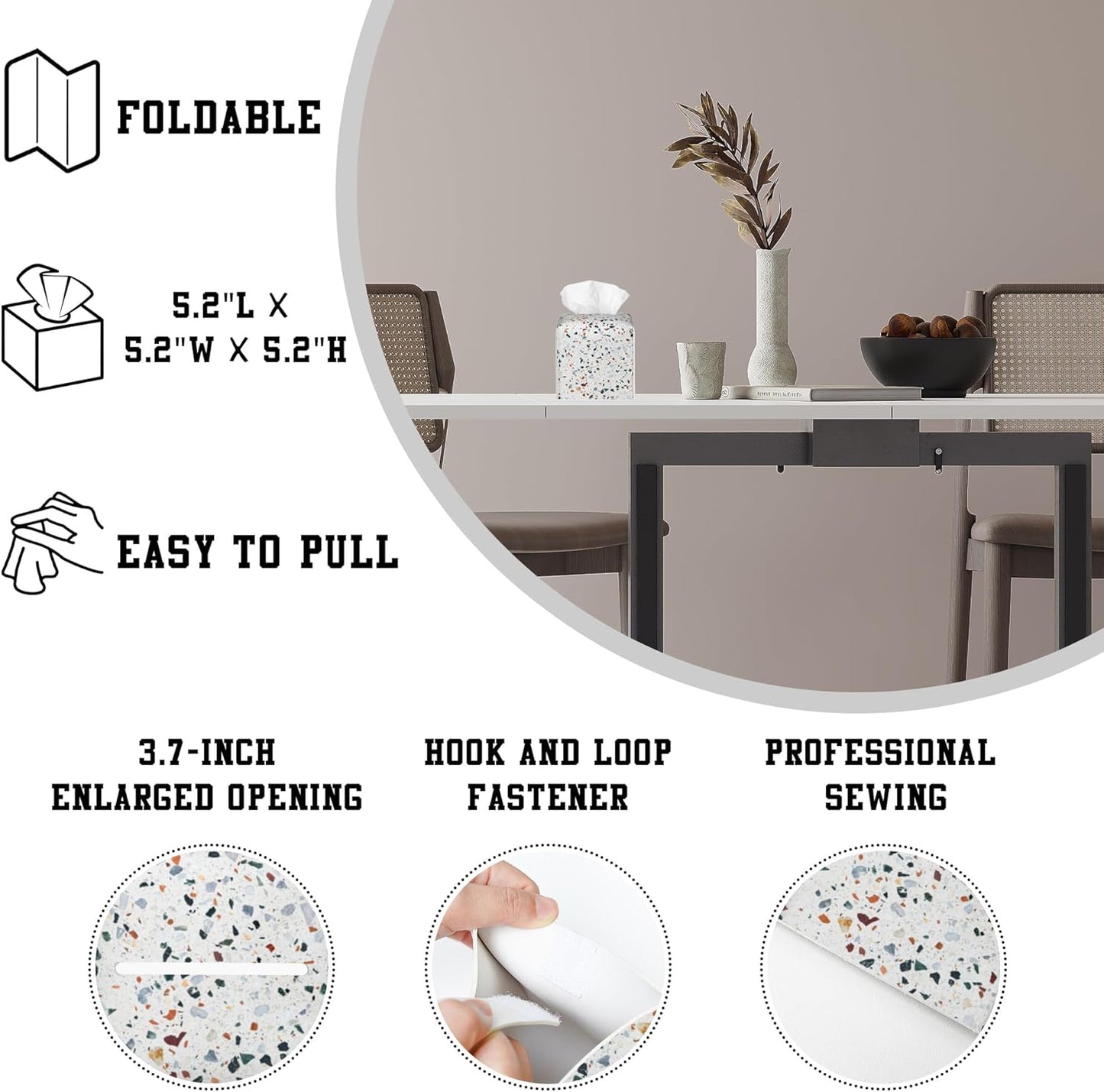 Tissue Box Cover Terrazzo Marble Tile Leather Tissue Box Holder Cube Paper Case Cover Facial Paper Organizer Dispenser for Bathroom, Vanity Countertop, Office Desk