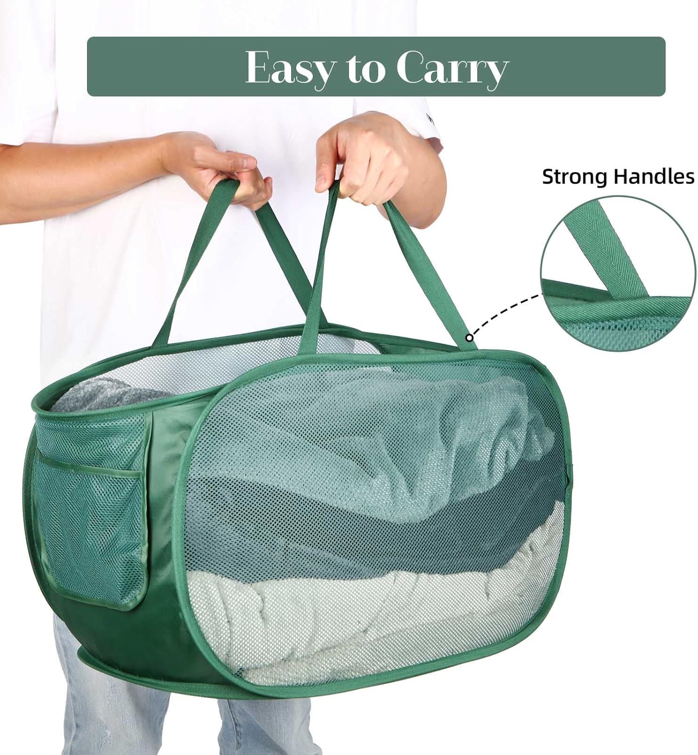 4 Pack Collapsible Laundry Baskets, Foldable Laundry Basket with Pocket, Durable Pop Up Hampers, Reinforced Handles Dirty Clothes Hamper for Laundry, Bedroom, Bathroom, Dorm, Travel or Camping Green