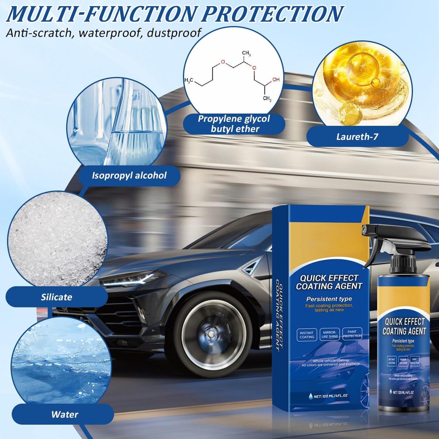 Car Quick-Acting Coating Agent Spray,3 in 1 High Protection Quick Car Coating Spray,Limlex Coating Sprays,Car Scratch Wax Polish Sprays Waterless Wash for Shine & Protection