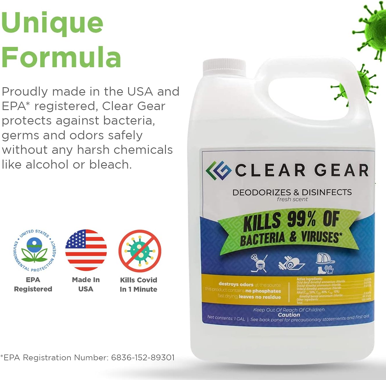 Clear Gear - Disinfectant, Cleaner, and Deodorizer for Sports Equipment, Gyms, and Fitness Centers - EPA-Registered, Hospital Grade, Made in USA - 1 Gallon Bottle