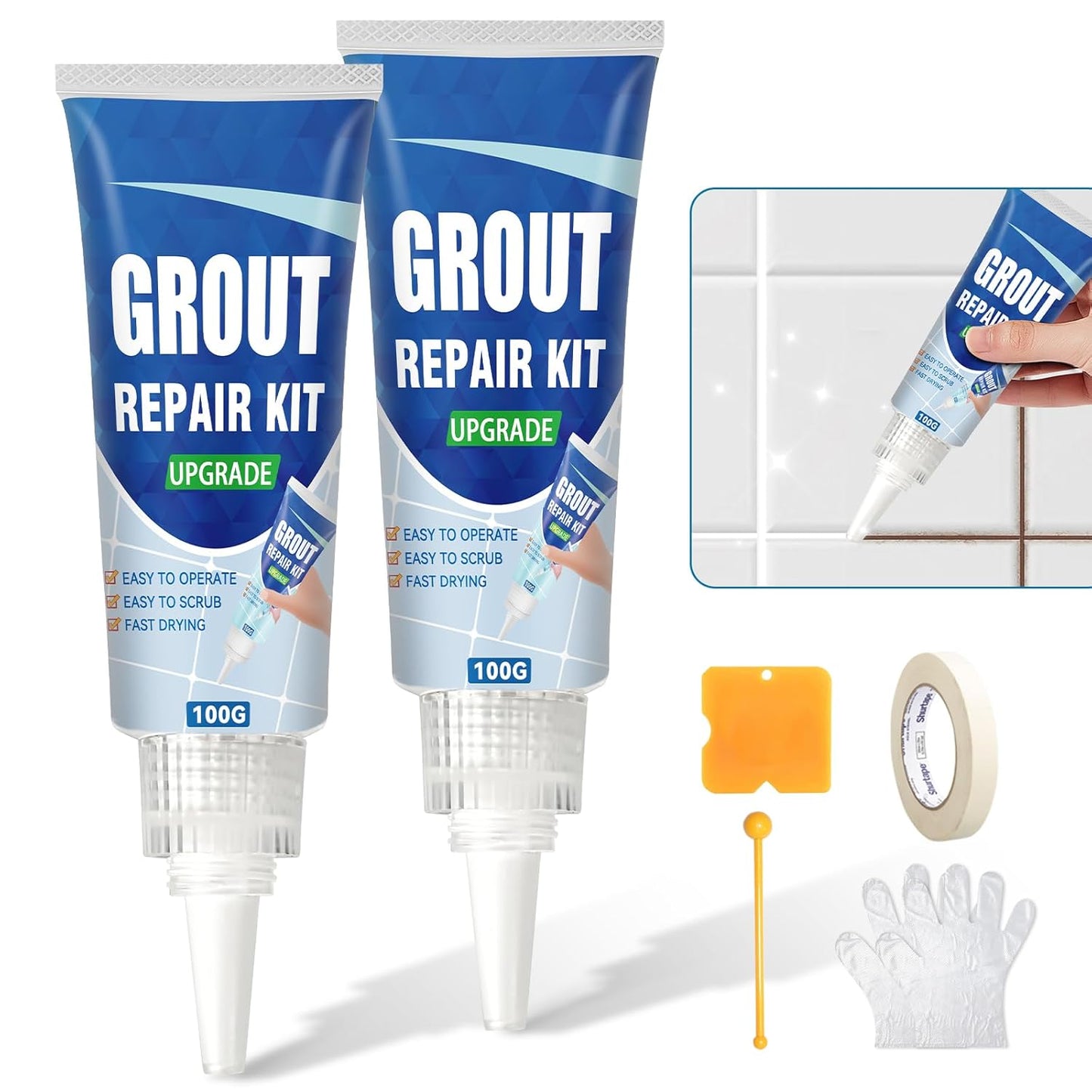Tile Grout Repair Kit, 2 Pack Fast Drying Grout Filler for Bathroom, Kitchen, Shower, Versatile Triple Use with Grout Sealer, Replace Grout Pen for Restore and Renew Tile Joints Line(White)