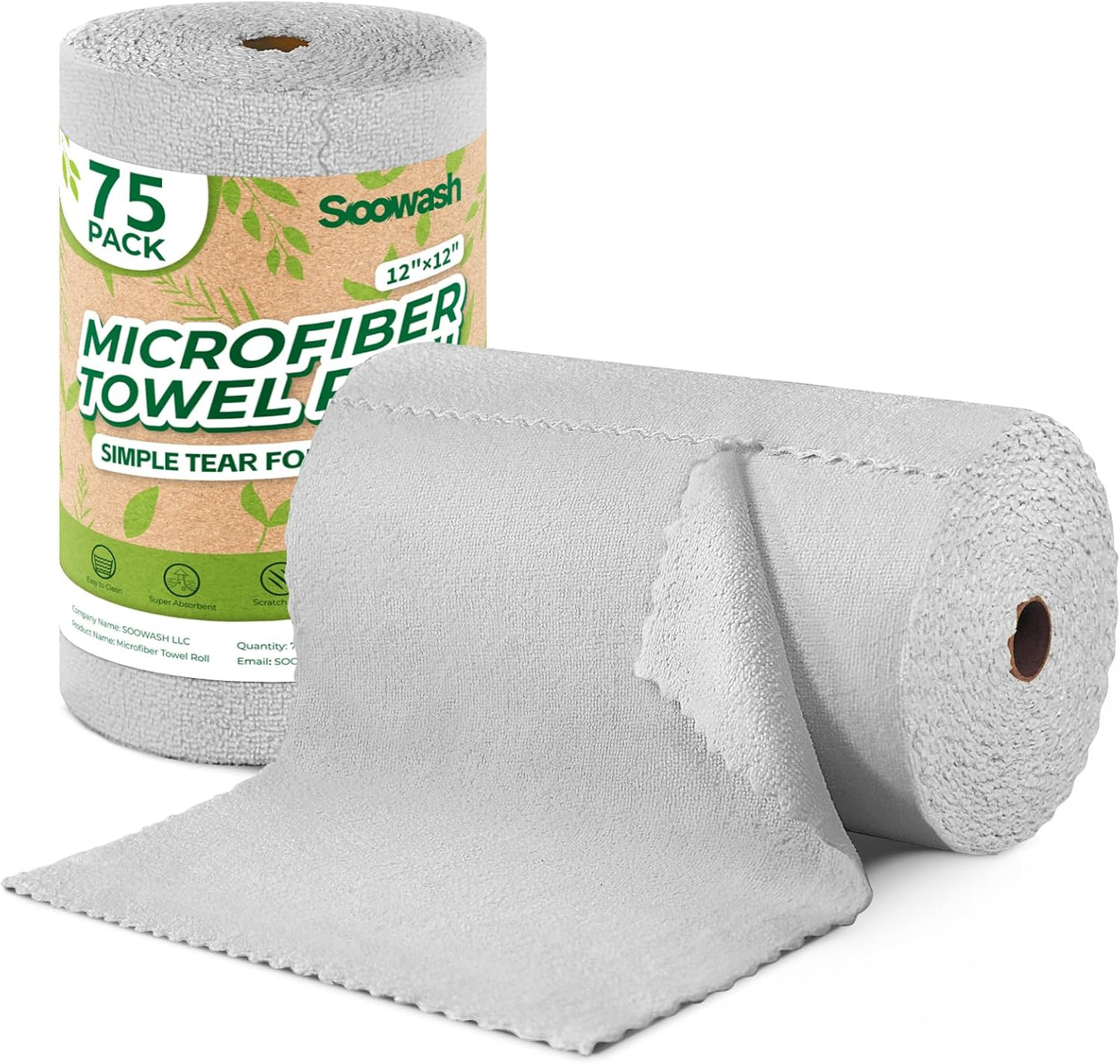 Microfiber Cleaning Cloths Roll, 75 Pack Tear Away Microfiber Towels Roll, 12" x 12" Lint Free Rags, Reusable Cleaning Cloths, Washable, Scratch Free,Ultra Absorbent Dish Rags(Grey)
