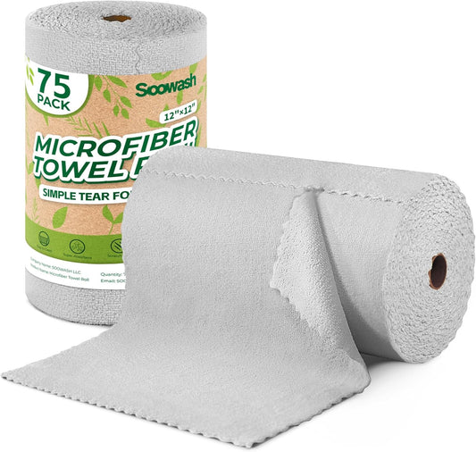 Microfiber Cleaning Cloths Roll, 75 Pack Tear Away Microfiber Towels Roll, 12" x 12" Lint Free Rags, Reusable Cleaning Cloths, Washable, Scratch Free,Ultra Absorbent Dish Rags(Grey)