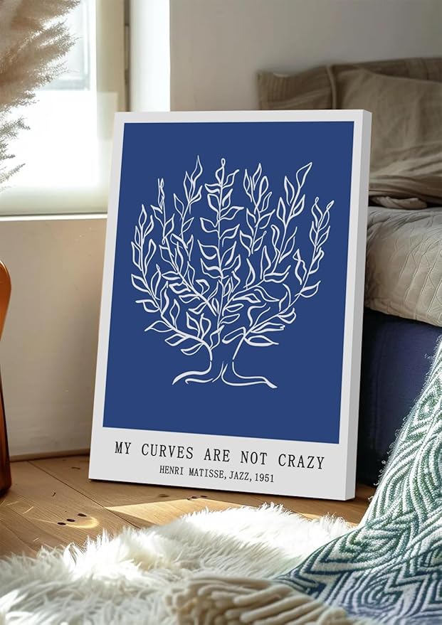 Framed Henri Matisse Canvas Wall Art Set of 3 - Abstract Blue and White Botanical Line Wall Decor Paintings, Modern Minimalist Poster Prints Aesthetic Home Decor for Living Room Bedroom Office 16x24 inch