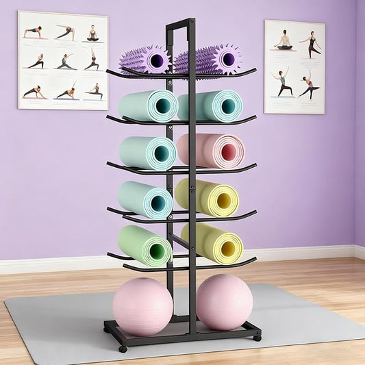 Yoga Mat Holder, Yoga Mat Storage Rack Floor-Standing, Home Gym Double Sided Foam Roller Holder Rack, Large Capacity Yoga Blocks Organizer Shelf on Wheels, 5 Tier Metal Rolling Cart (black, 5th floor)
