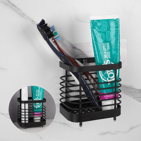 Wall Mount Toothbrush Holder for Bathroom, Stainless Steel Rustproof Toothbrush and Toothpaste Holder Organizer, Electric Toothbrush Holder Self Adhesive Wallmount/Countertop Organizer(Black Small)