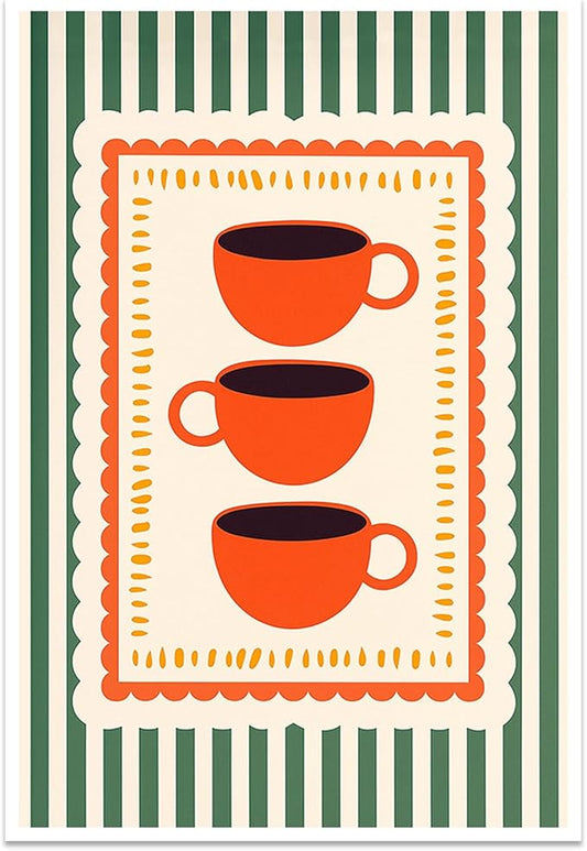 Vintage Orange Italian Espresso Coffee Cups Canvas Prints Posters Modern Green Striped Preppy Kitchen Wall Art Retro Colorful Minimalist Drink Aesthetic Pictures Decor for Cafe Bar 20x30inch Unframed